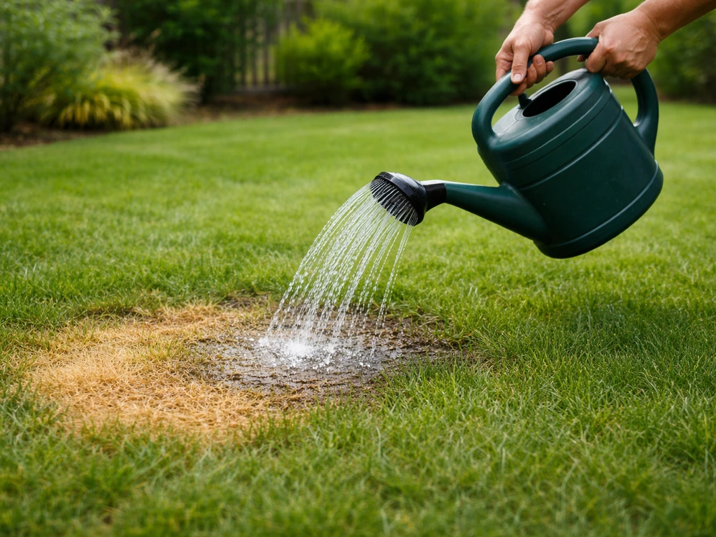 Mains anonymes arrosant abondamment une petite zone brûlée de la pelouse avec un arrosoir, jardin calme.