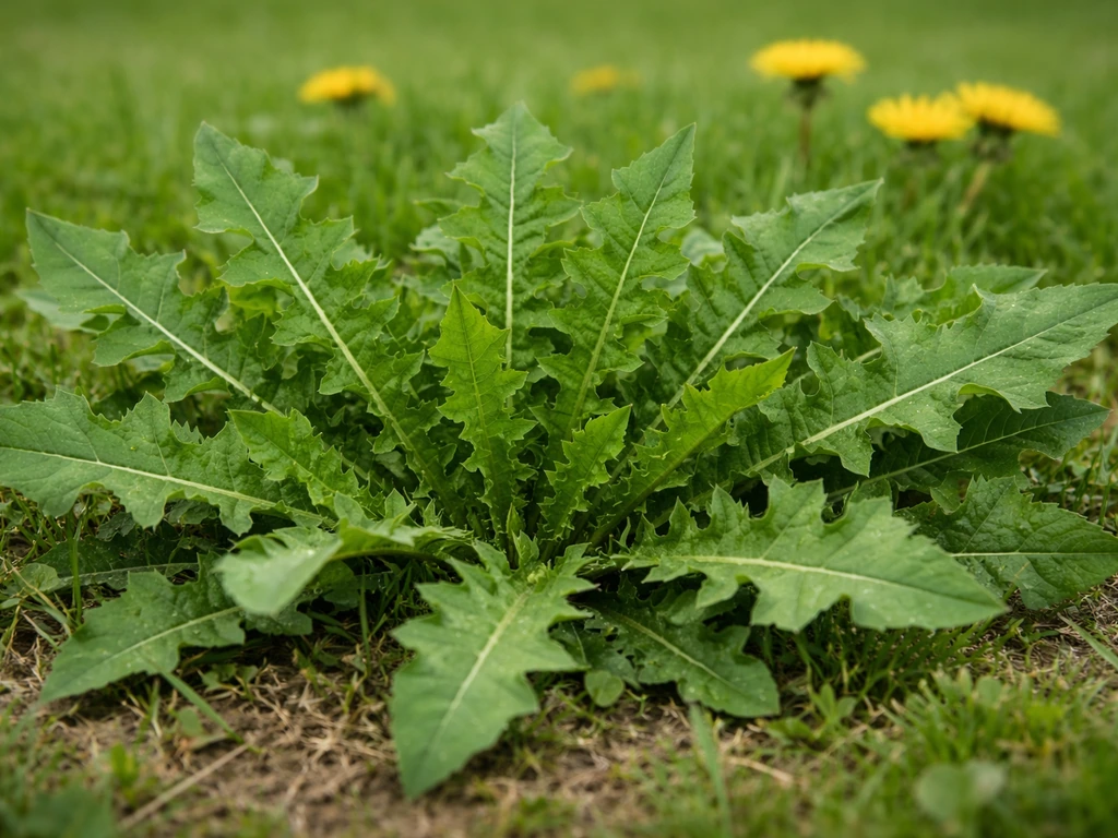 Plan rapproché d’une rosette de feuilles de pissenlit au ras du sol, dents irrégulières, fleurs possibles.