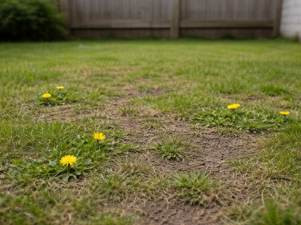 Pelouse trop rasée et irrégulière avec sol visible et quelques pissenlits entre les brins d’herbe.