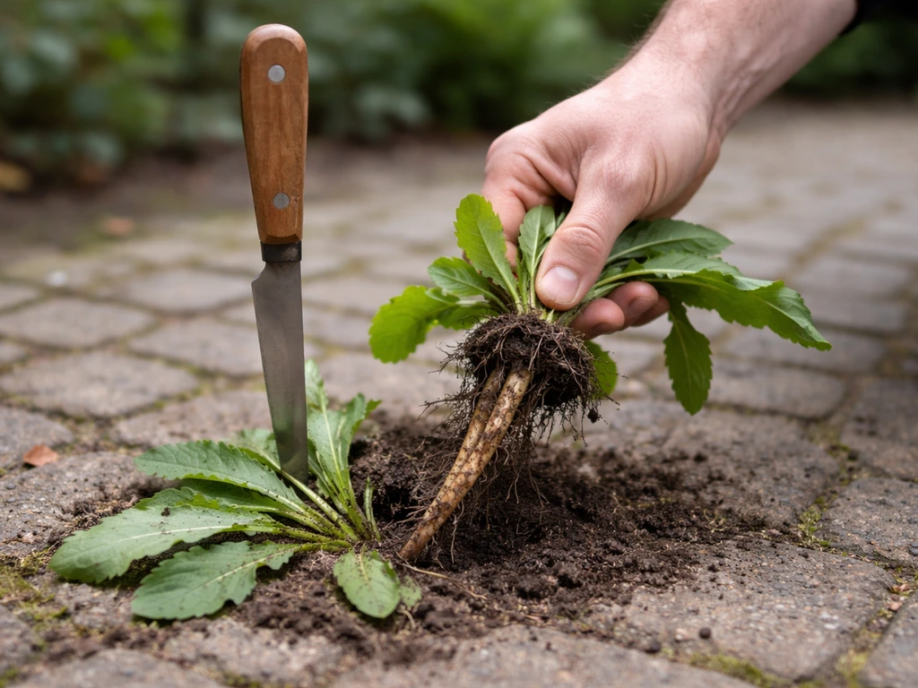 Arrachage localisé : un couteau désherbeur plante au ras de la rosette, pivot en cours de retrait.