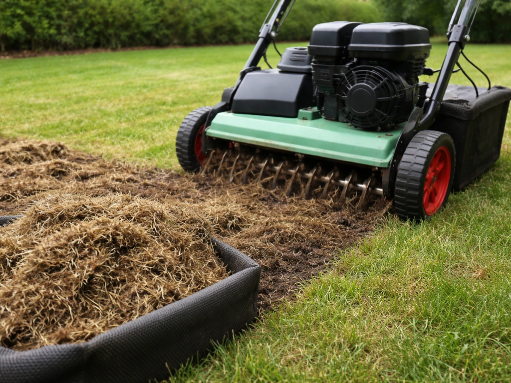 Scarificateur en action tirant et ramassant le feutre du gazon, sol en cours de correction