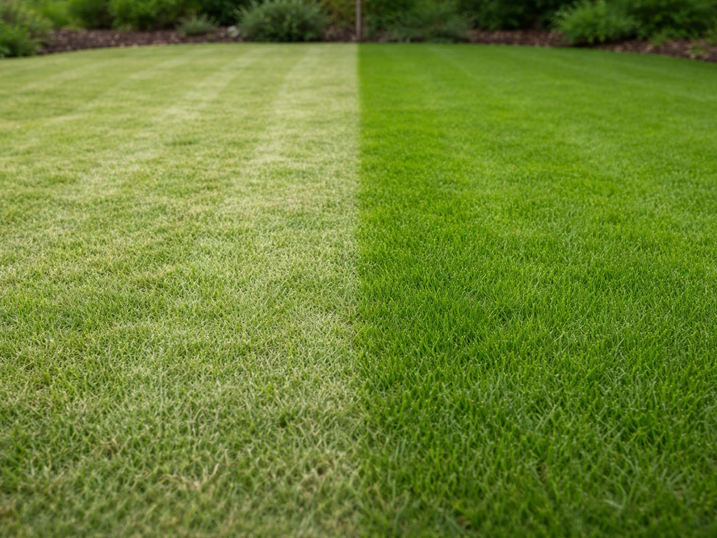 Pelouse fraîchement tondue avec légère pâleur et brins coupés visibles, à côté d’une zone au vert uniforme