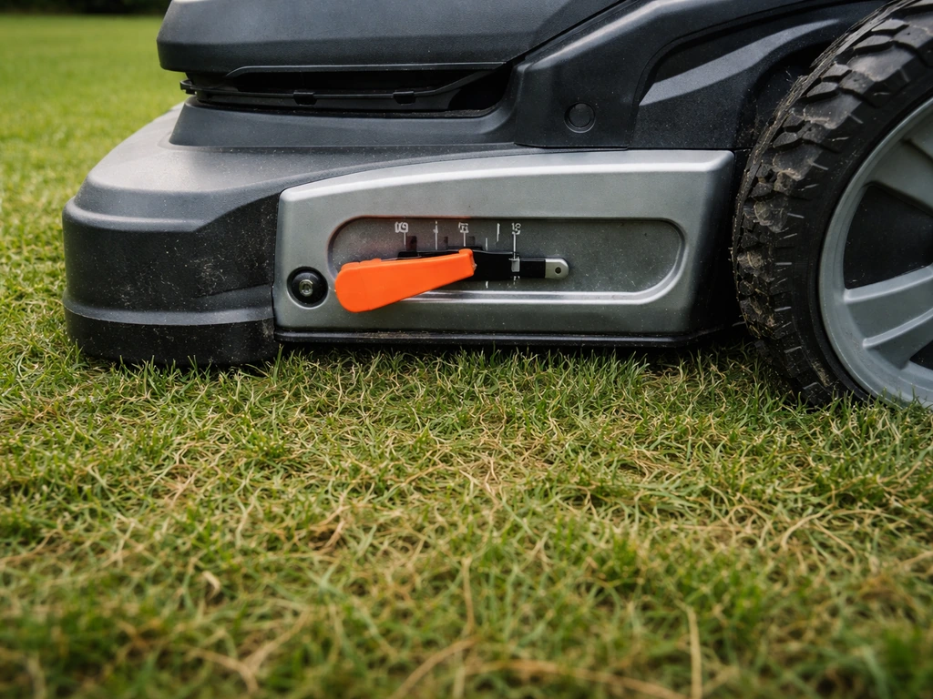 Réglage de hauteur de tondeuse sur un gazon ras, illustrant une coupe trop basse.