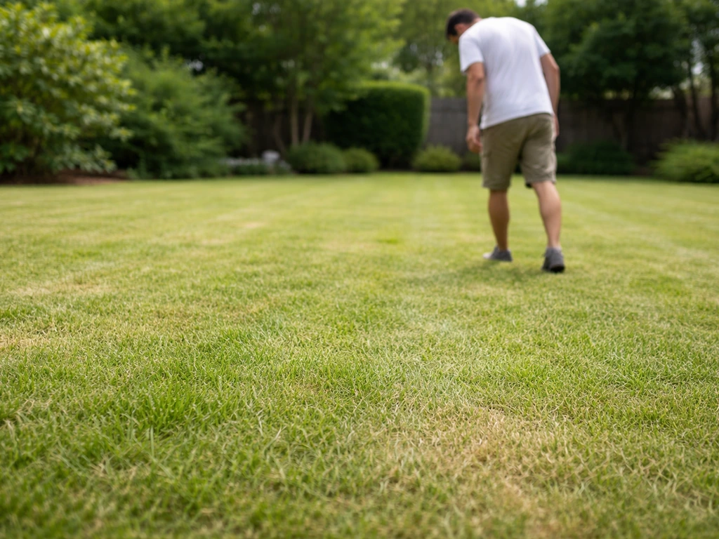 Inspection au ras du sol d’une pelouse fraîchement tondue, herbe légèrement pâle avec zones irrégulières