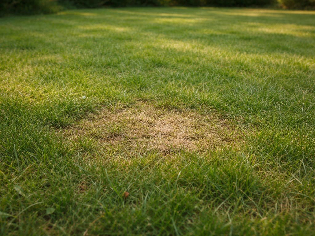 Pelouse française avec une zone décolorée irrégulière et herbe abîmée suggérant un problème