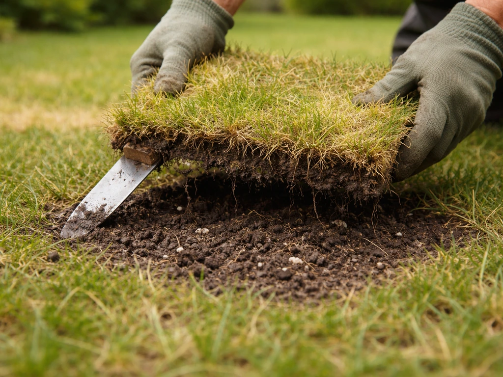 Carré de gazon arraché, racines visibles dans le sol, suggérant l’action de larves d’insectes
