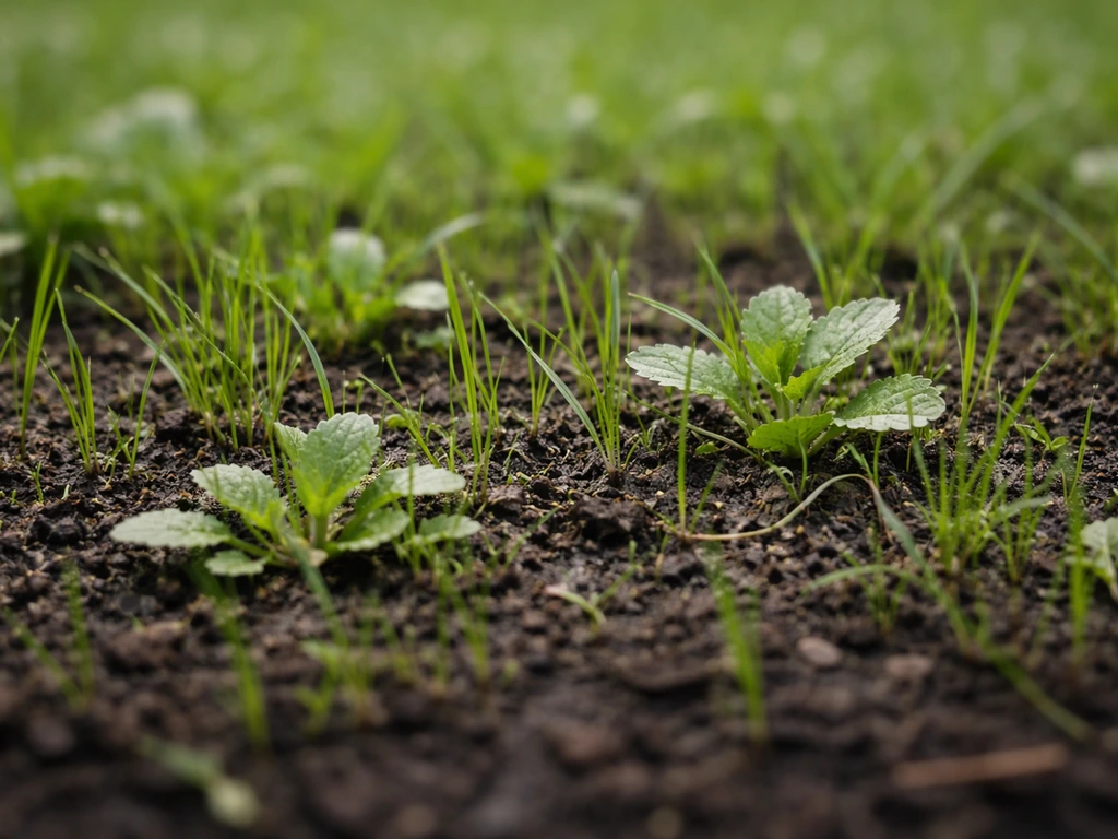Jeunes plantules de pelouse mêlées : gazon fin à côté d’adventices à feuilles plus larges.