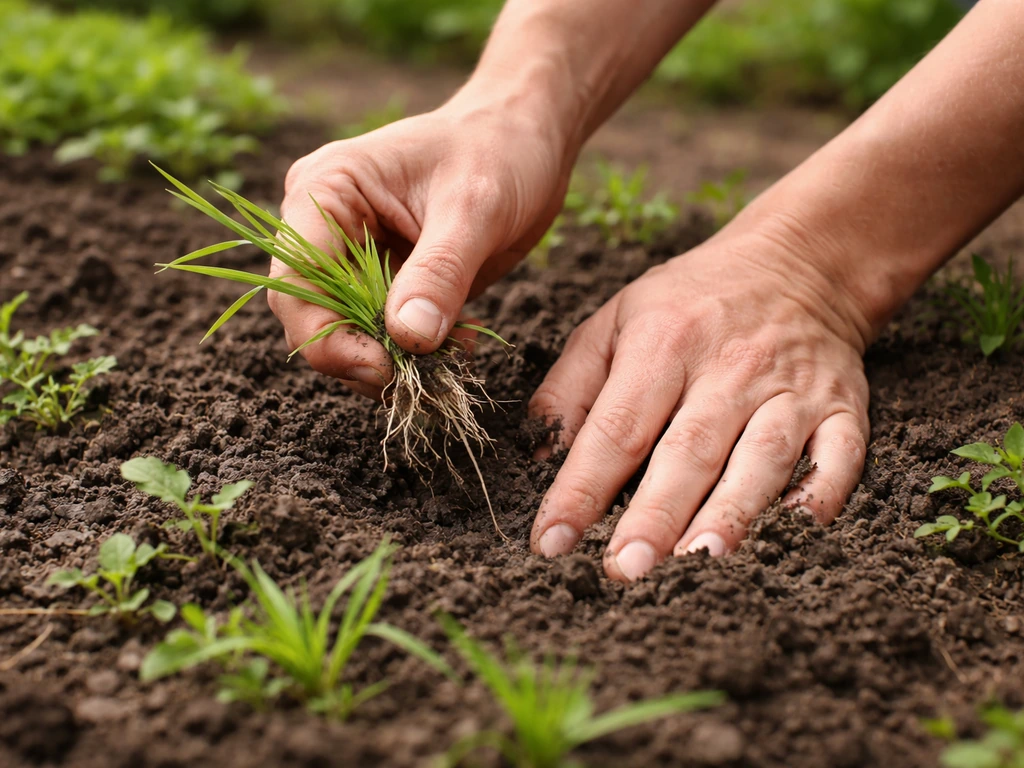 Jardinier en train d’arracher à la main de jeunes plantules de graminées dans un sol humide, stade 3 feuilles.