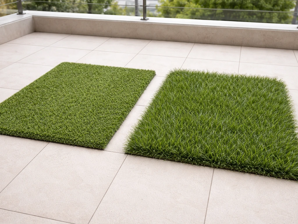 Deux zones de pelouse synthétique d’aspect différent, brins courts et plus longs, sur une terrasse simple.
