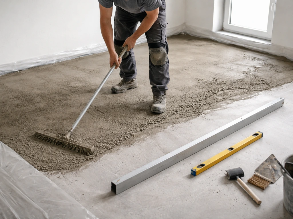 Chantier de nivellement du sol avec râteau, bâches au sol, vérification des pentes avant sous-couche