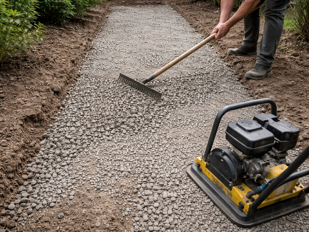 Gravier concassé étalé puis compacté sur un sol prêt à éviter la stagnation de l’eau.