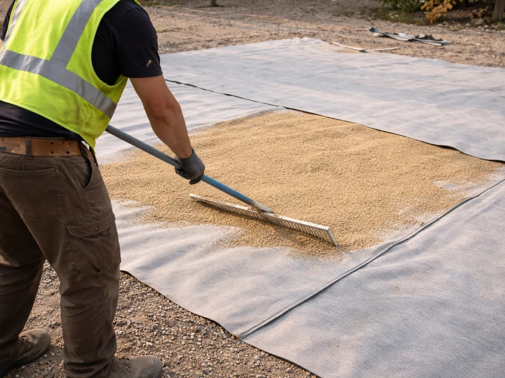 Ouvrier étalant du sable calibré fin sur un géotextile posé au sol, surface homogène.