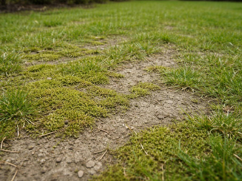 Pelouse clairsemée avec mousse en surface et croûte de sol indiquant un compactage.