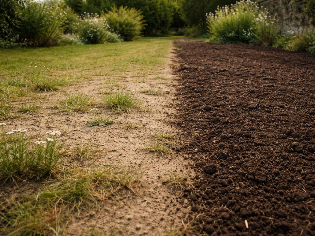 Pelouse clairsemée avec sol compacté et quelques touffes d’achillée, puis zone prête pour aération et regarnissage.