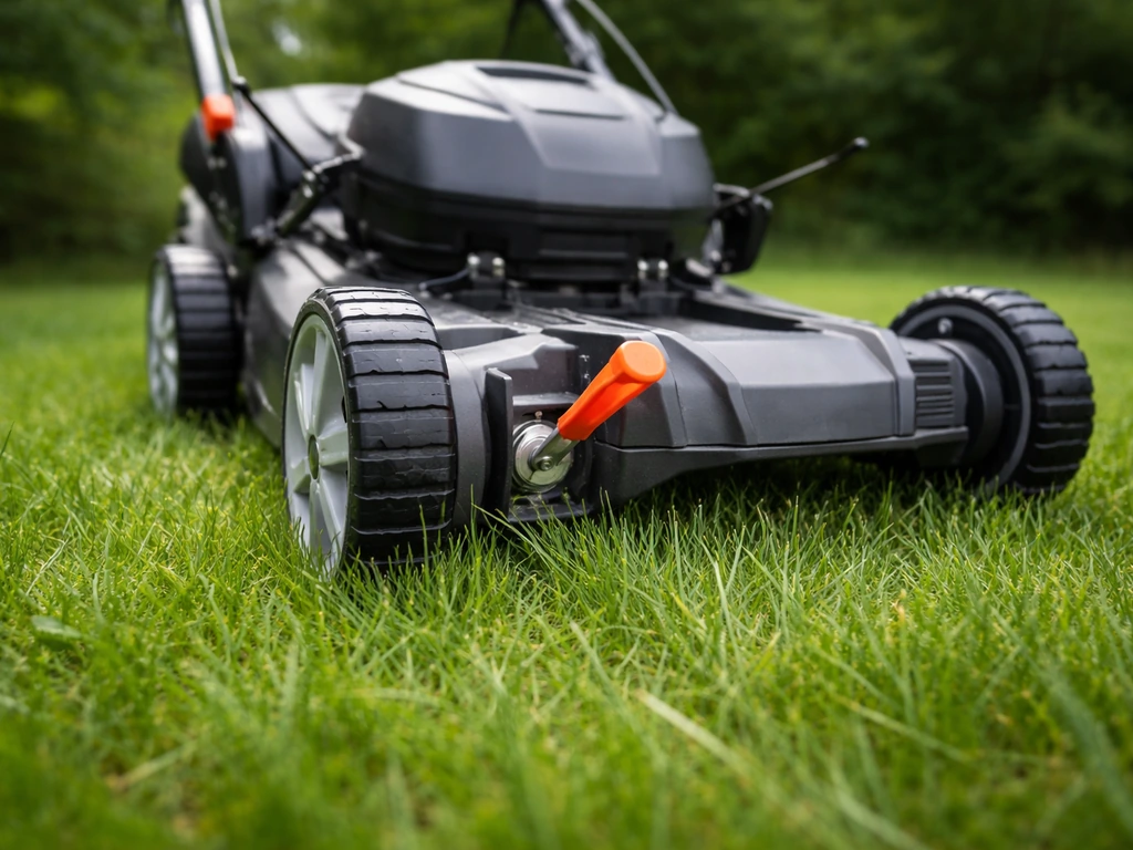 Réglage de hauteur de coupe d’une tondeuse sur une pelouse avec herbe visiblement plus longue et dense