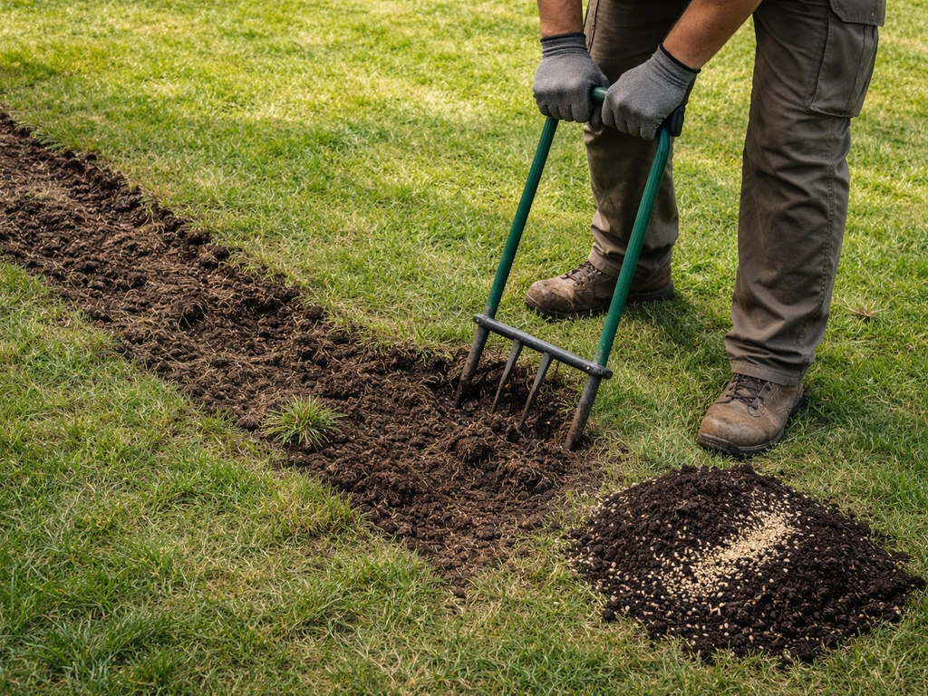 Un jardinier anonyme scarifie le sol et dépose du terreau sur une zone compactée, terre bien aérée.