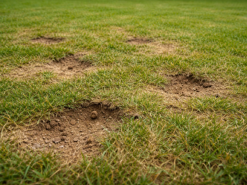Pelouse avec zones trouées et brins d’herbe abîmés, suggérant un problème d’insecte pelouse.