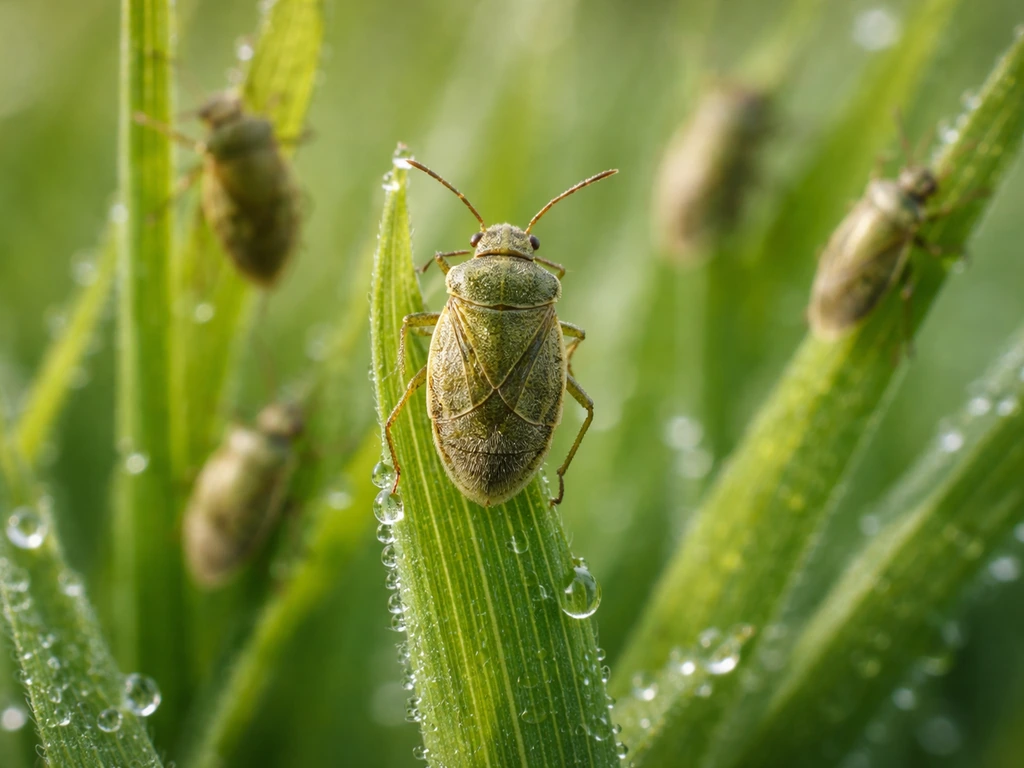 Gros plan de punaises de pelouse sur des brins d’herbe, texture nette pour distinguer l’insecte