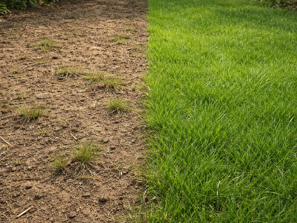 Pelouse avant/après : sol gratté puis repousse verte, montrant la régénération après traitement de fin de printemps.