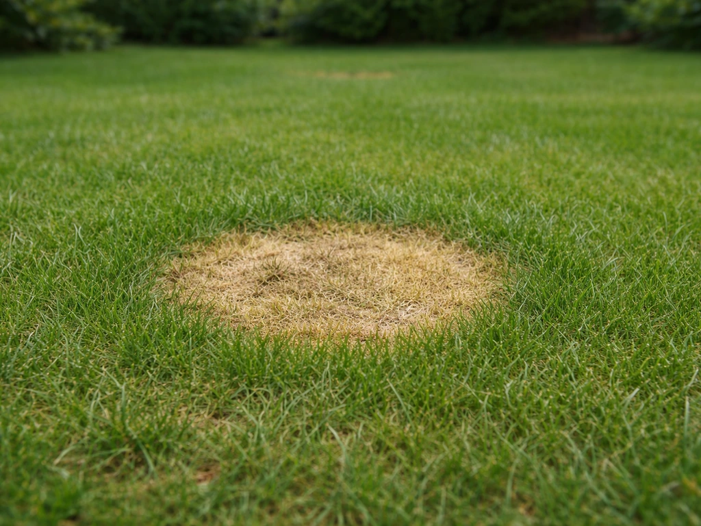 Pelouse avec une tache circulaire jaunâtre/brunâtre de brûlure, bordée d’un anneau de gazon vert.