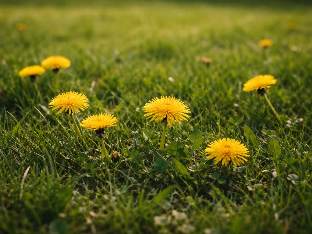 Pelouse de jardin avec des fleurs jaunes typiques au premier plan, herbe verte et lumière naturelle.