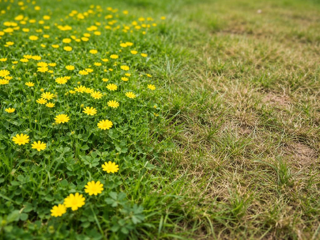 Gazon de jardin en gros plan : petites fleurs jaunes nettes face à une herbe terne et stressée.