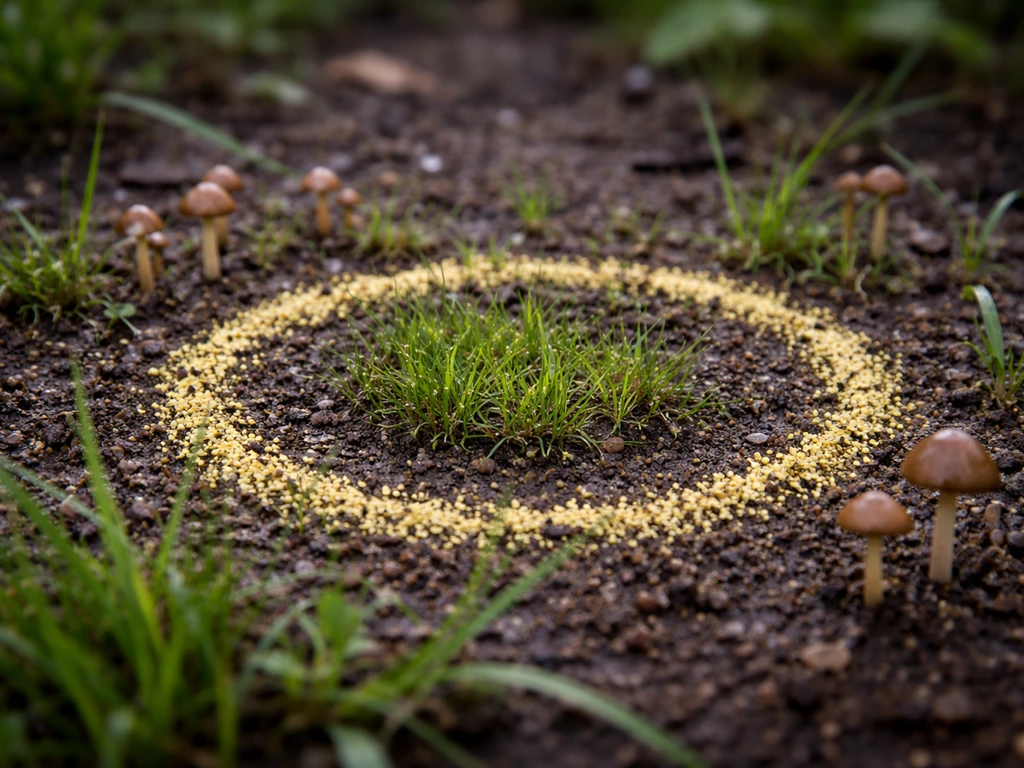 Anneau de zones jaunes sur terre humide après pluie, herbe verte au centre et petits champignons visibles.
