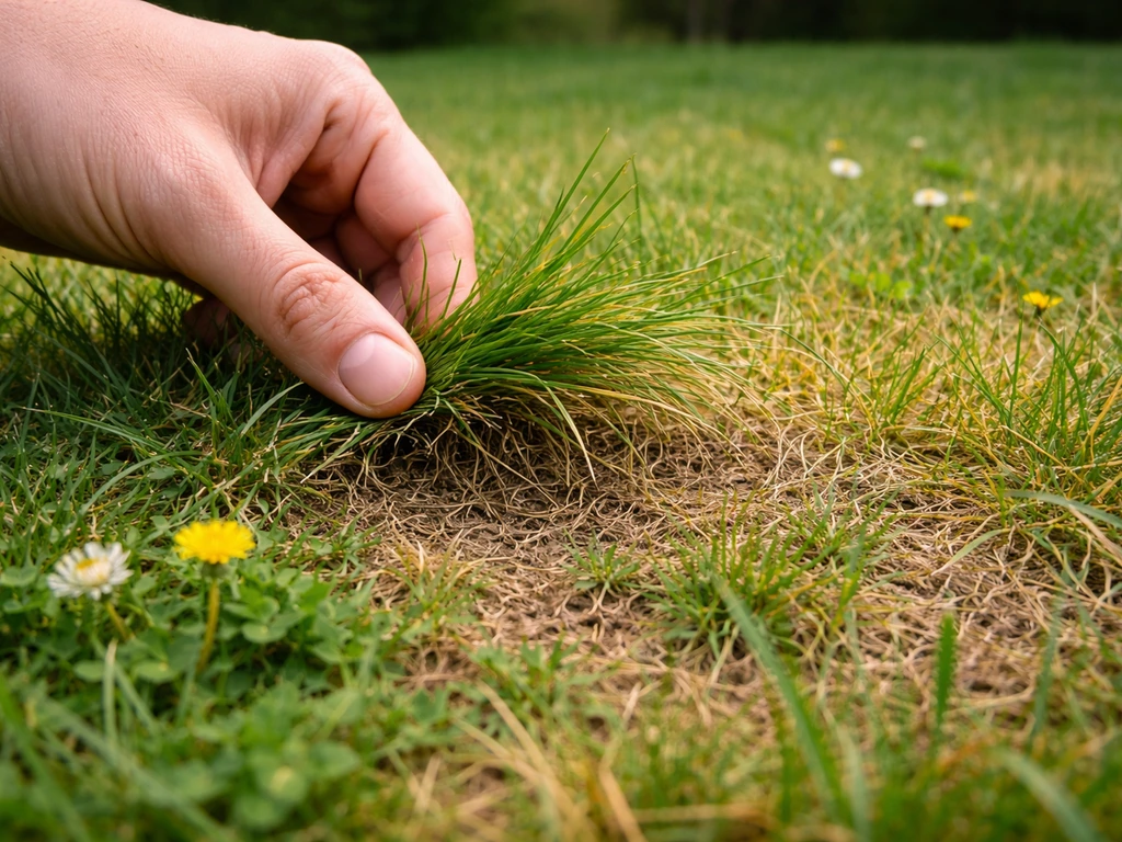 Gros plan au niveau du sol sur une pelouse, plusieurs zones et brins d’herbe à examiner, main anonyme.