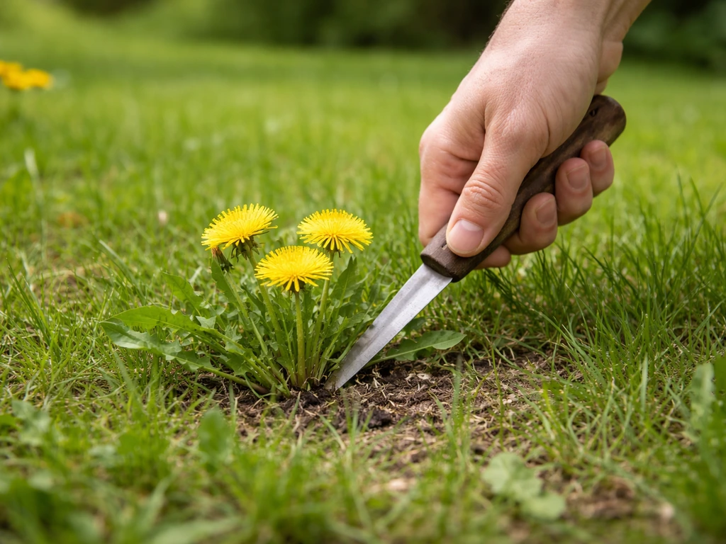 Main utilisant un couteau d’arrachage pour retirer des fleurs jaunes au ras du sol dans une pelouse.