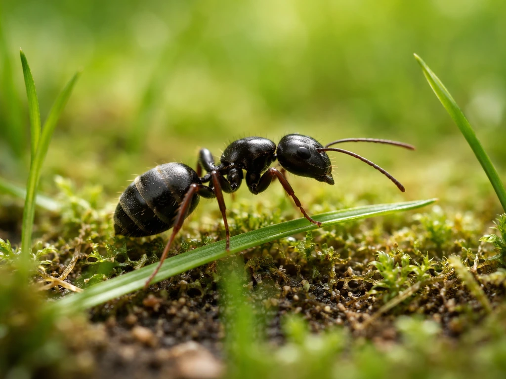 Fourmi noire des jardins sur une lame d’herbe, vue au niveau du sol dans un gazon en France
