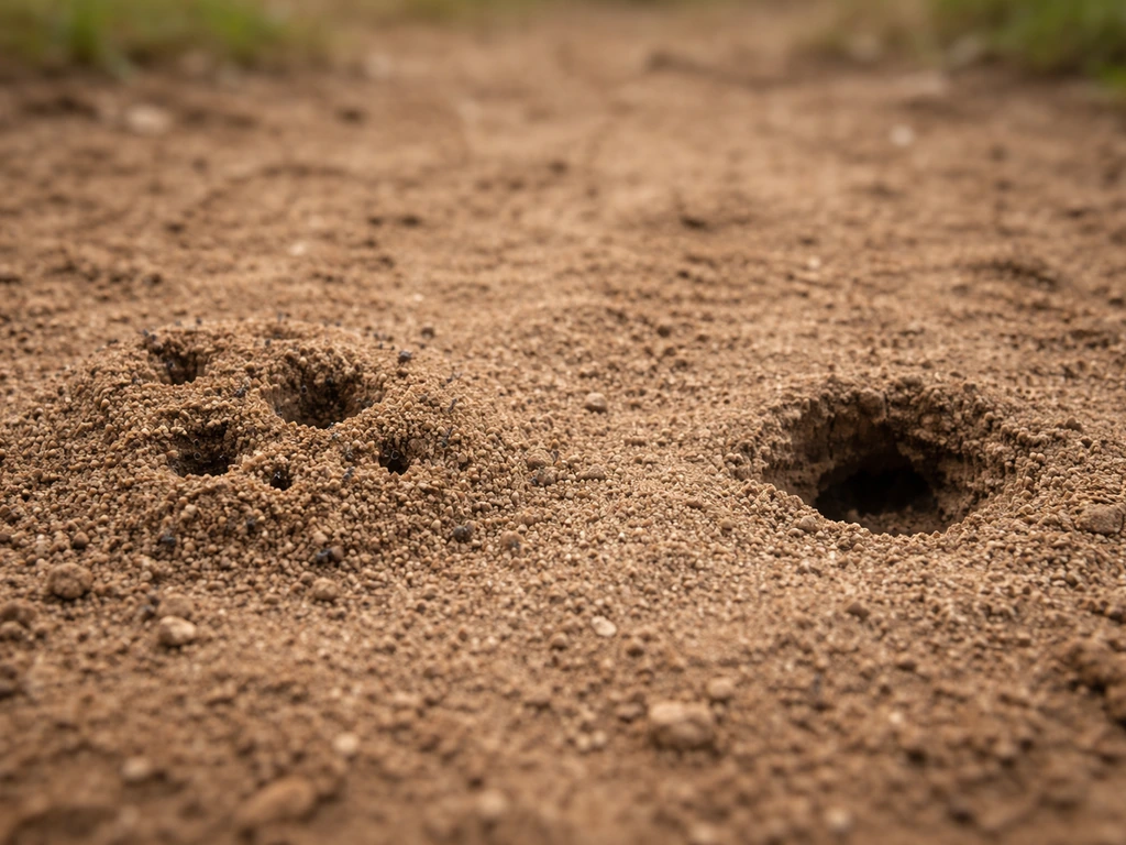 Petites buttes de terre et trous près du sol, montrant des traces typiques de fourmis et une autre cause de cavités.