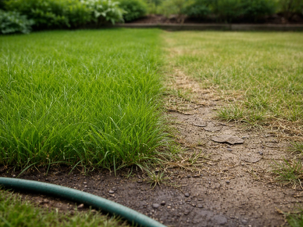 Pelouse bien tondue arrosée à gauche et pelouse plus rase/plus sèche à droite, sans fourmis visibles.