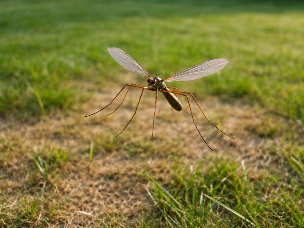 Insecte volant au-dessus d’une pelouse française, avec une zone de gazon jaunie et clairsemée en arrière-plan.