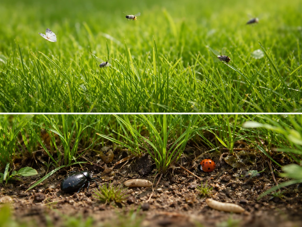 Pelouse en extérieur montrant des insectes en vol juste au-dessus de l’herbe et d’autres au ras du sol.