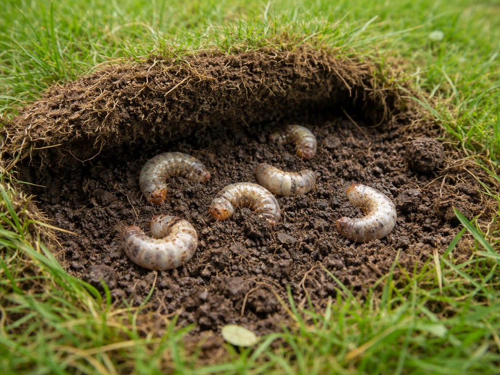 Gros plan d’une pelouse soulevée montrant des larves blanches de hanneton dans le sol humide.