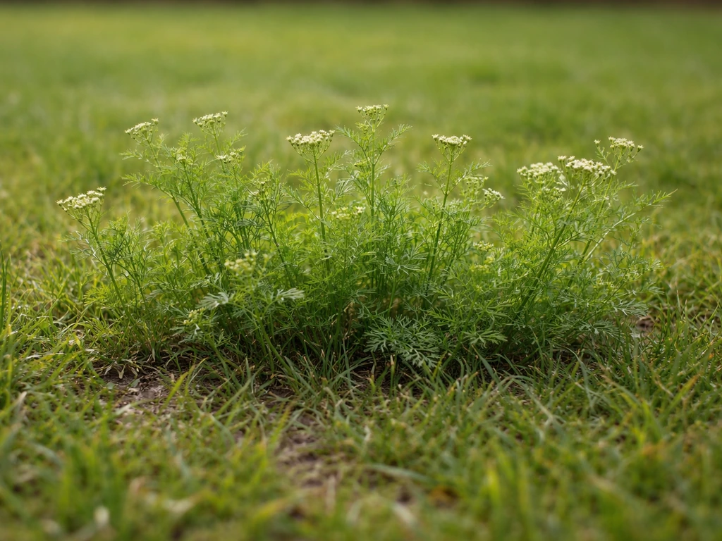 Pelouse avec plusieurs plants de fausse carotte bien visibles au milieu de l’herbe.