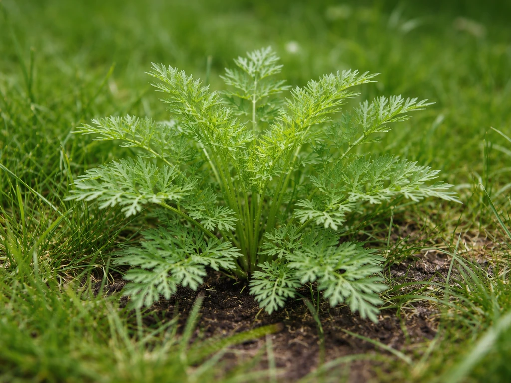 Gros plan sur une fausse carotte vert vif et dentelée dans une pelouse française, arrière-plan d’herbe floue.