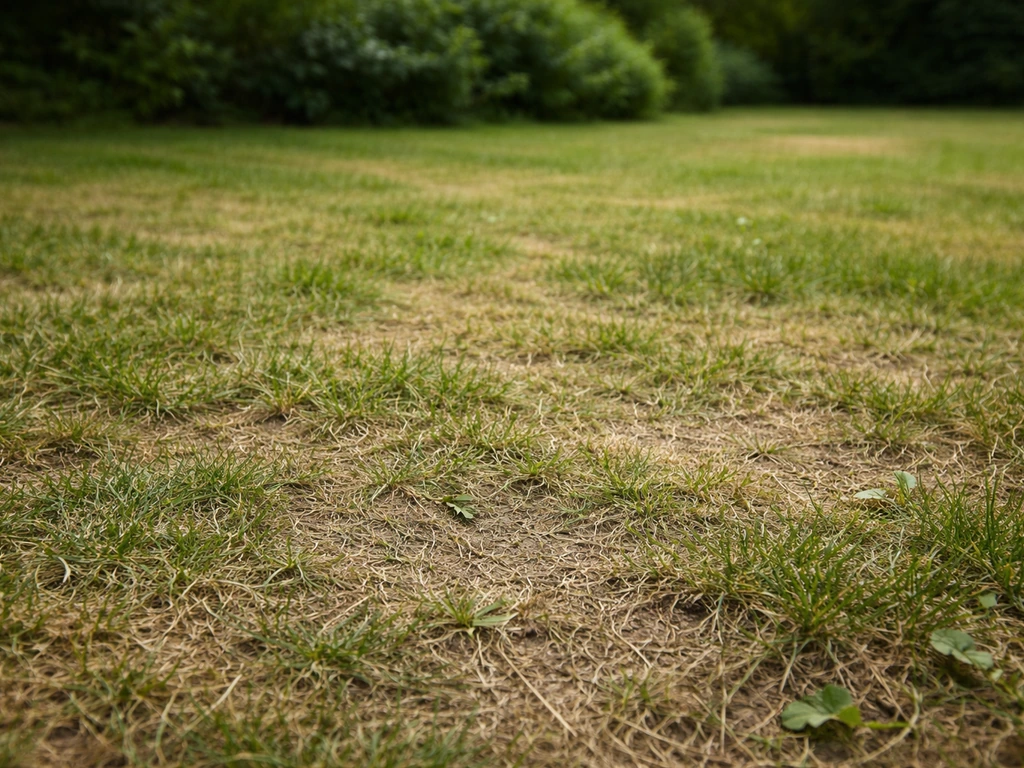 Pelouse clairsemée avec sol perturbé et traces de tonte rasante, herbe stressée et terre visible.