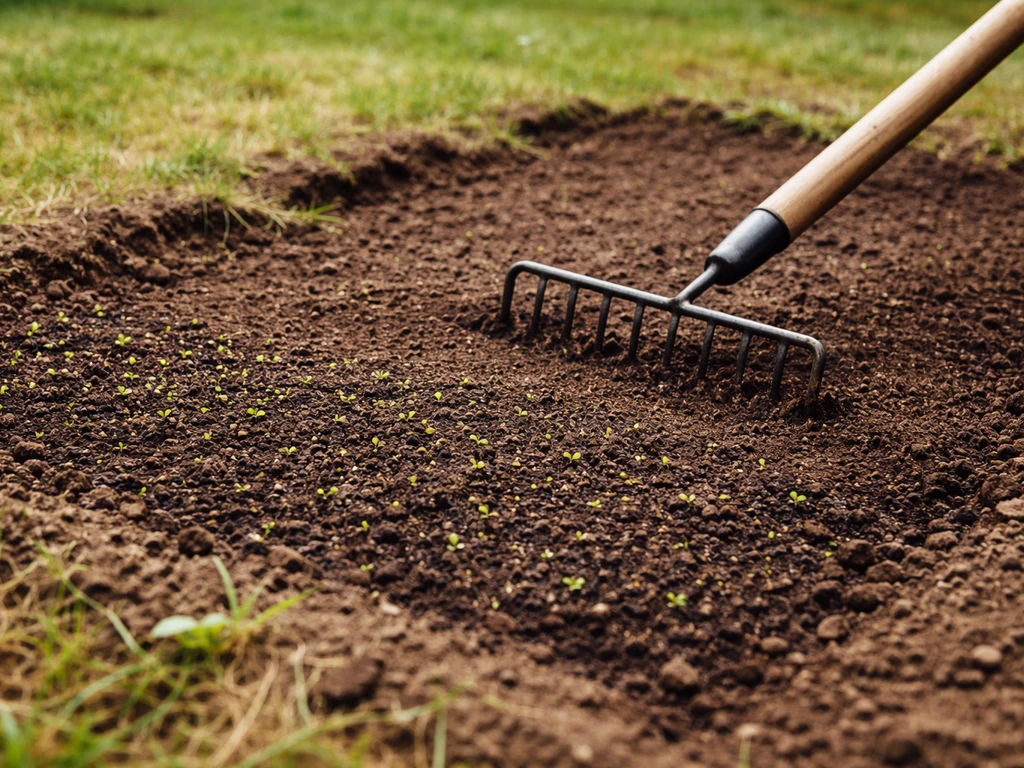 Zone dégarnie regarnie : terreau et râteau lissant la surface après arrachage, au jardin.