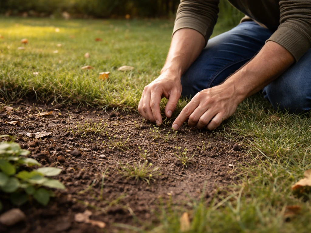 Mains anonymes inspectant une pelouse clairsemée en fin d’été, pour repérer des plantules avant le re-semis.