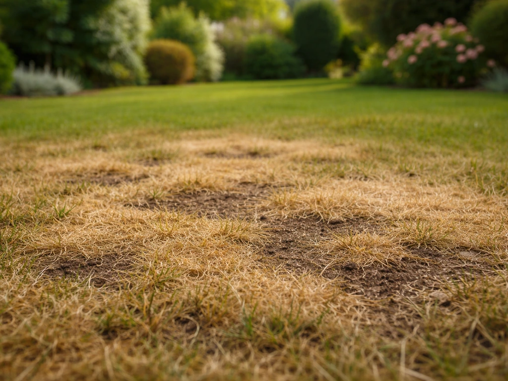 Gazon jaune par plaques dans un jardin, zone sèche visible sur le sol, herbe claire et brins espacés.
