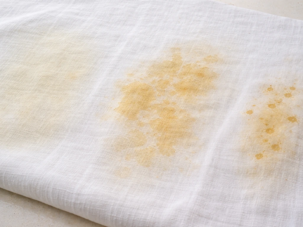 Comparaison en gros plan de trois zones de jaunissement sur un tissu : diffus, en plaques et en taches.