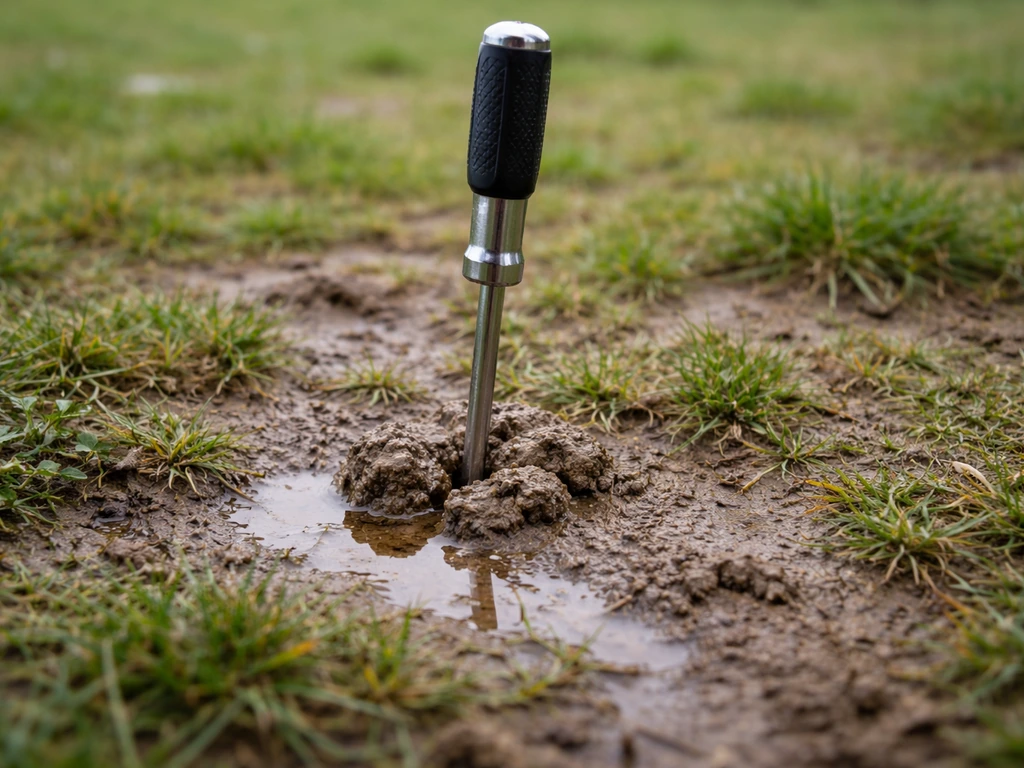Tournevis difficile à enfoncer dans une terre compacte, avec eau stagnante sur la pelouse.