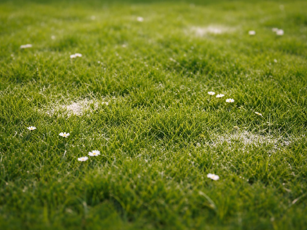 Pelouse verte française avec quelques petites fleurs blanches et quelques taches blanchâtres sur l’herbe.