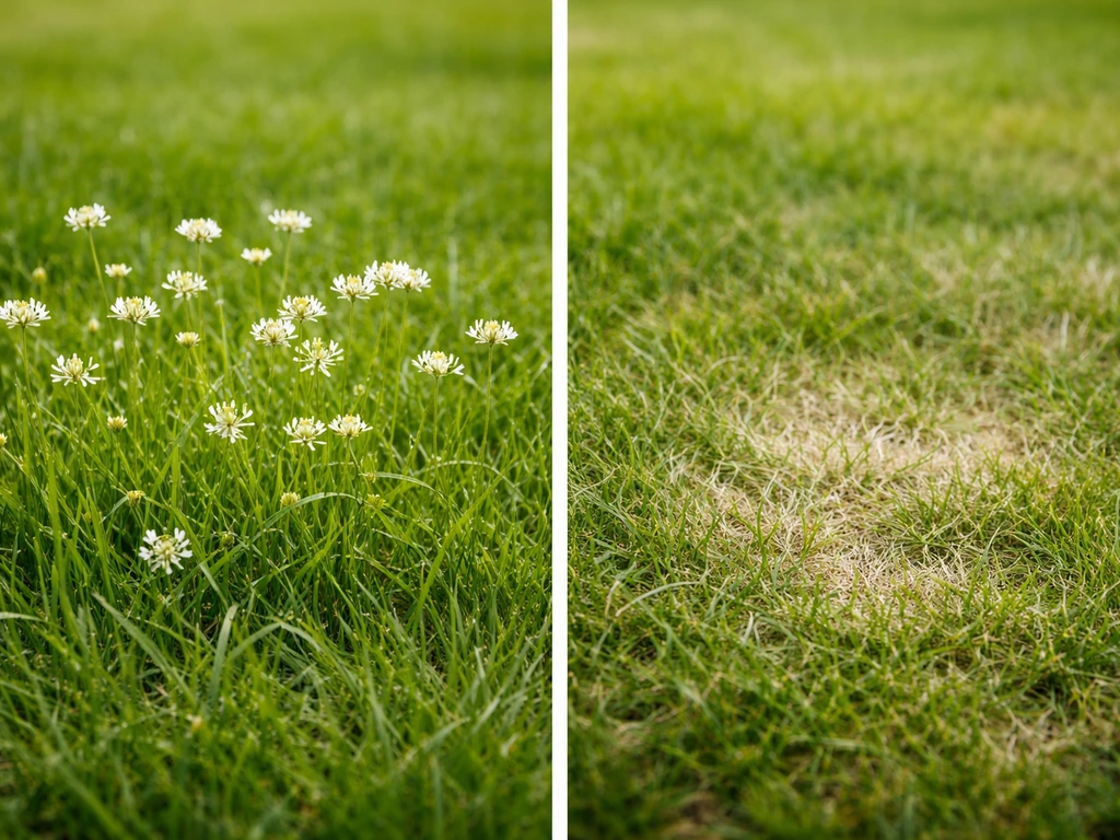 Pelouse : à gauche de petites fleurs blanches, à droite une zone blanchâtre sans fleurs.