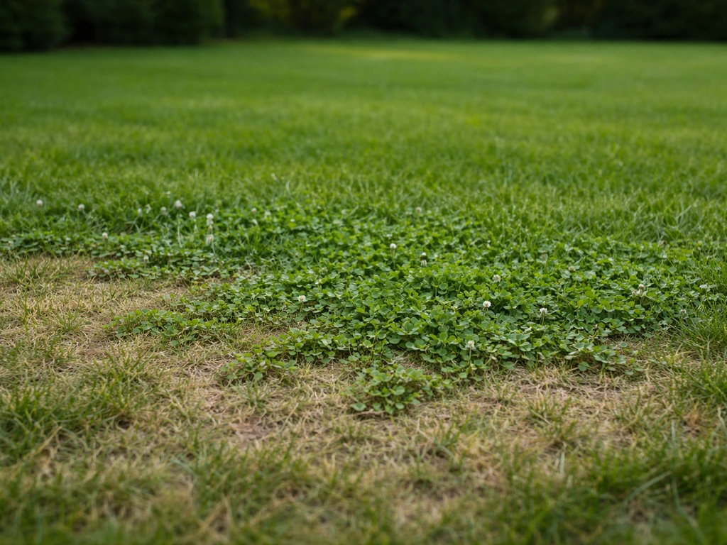 Zone clairsemée de gazon où le trèfle blanc forme un tapis rampant en plaques, contrastant avec une pelouse dense.