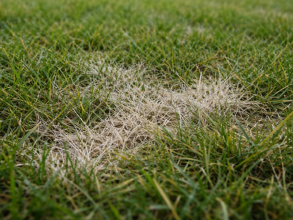 Gazon avec brins blanchâtres et zone blanchie grisée, texture fongique visible après humidité