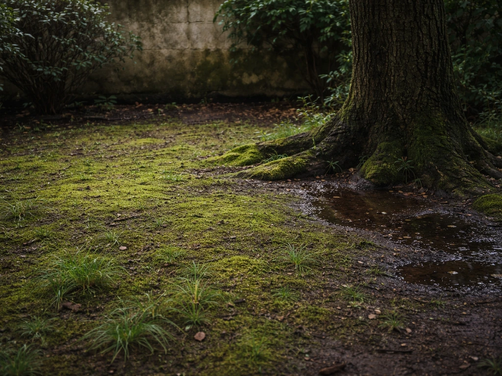 Pelouse ombragée sous un arbre, mousse épaisse et sol humide avec eau stagnante visible, herbe clairsemée.