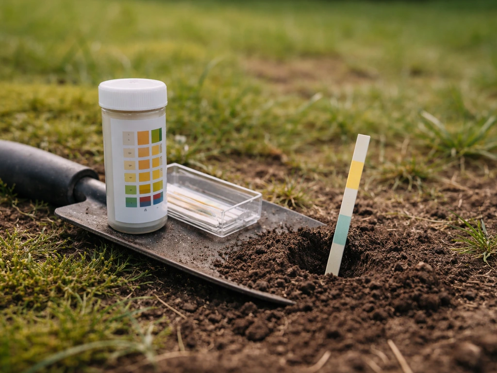 Testeur de pH au ras du sol et pelouse clairsemée avec zones de mousse, ambiance jardin française.