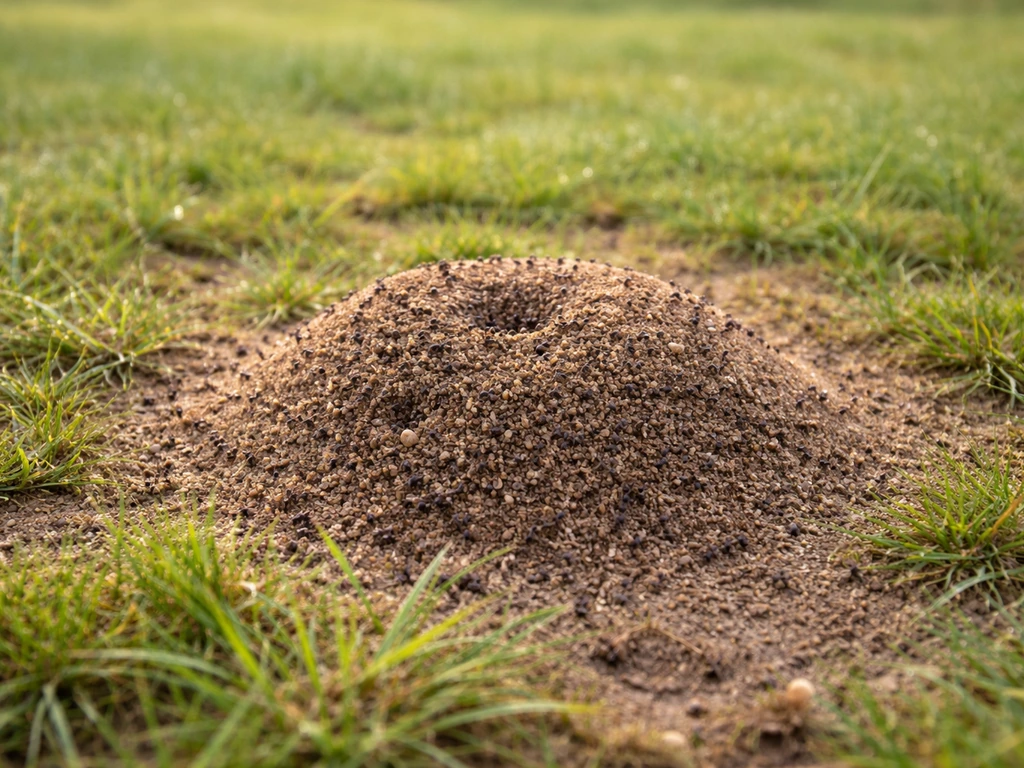Fourmilière active dans une pelouse, terre fine visible et herbe clairsemée autour.